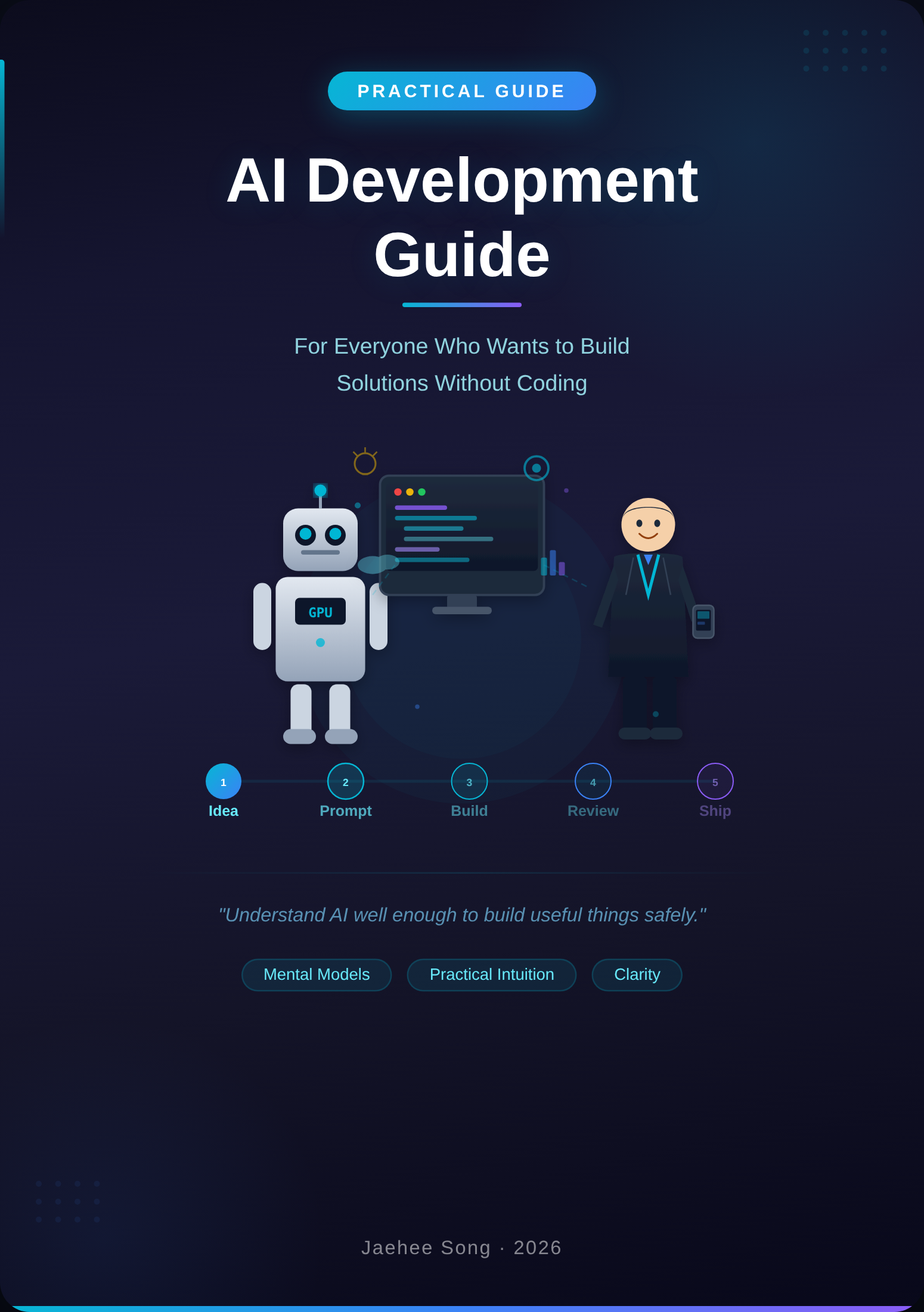 AI Development Guide book cover — learn vibe coding, prompt engineering, AI agents, and build AI solutions without coding. A 2026 guide by Jaehee Song for non-developers, entrepreneurs, and career changers.